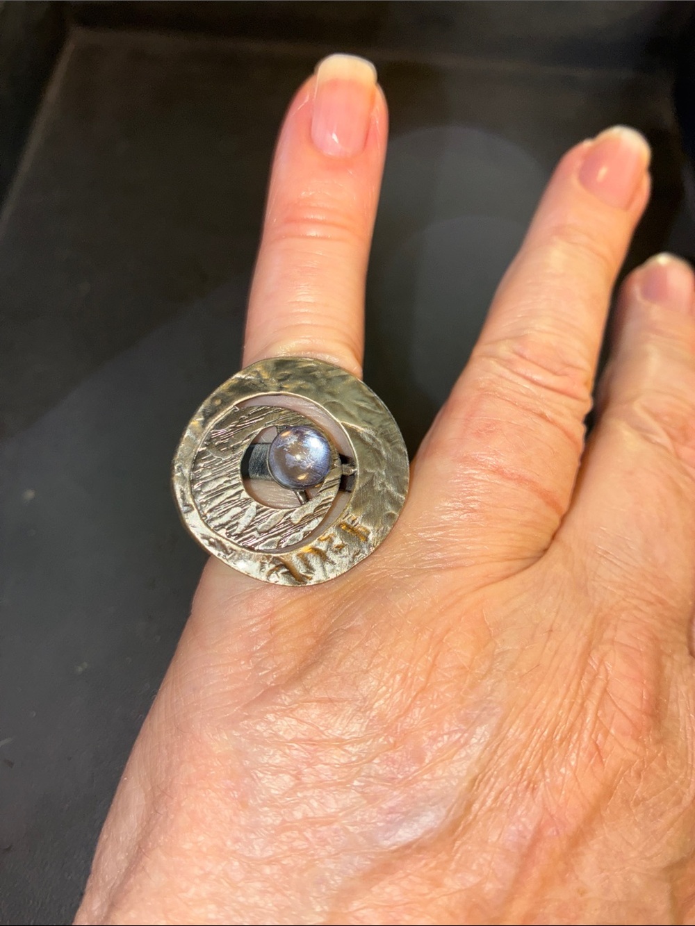 Textured Silver-Tone Statement adjustable with Ring with Iridescent Stone